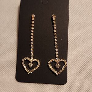 Gold Heart Drop Earrings With Rhinestones Throughout